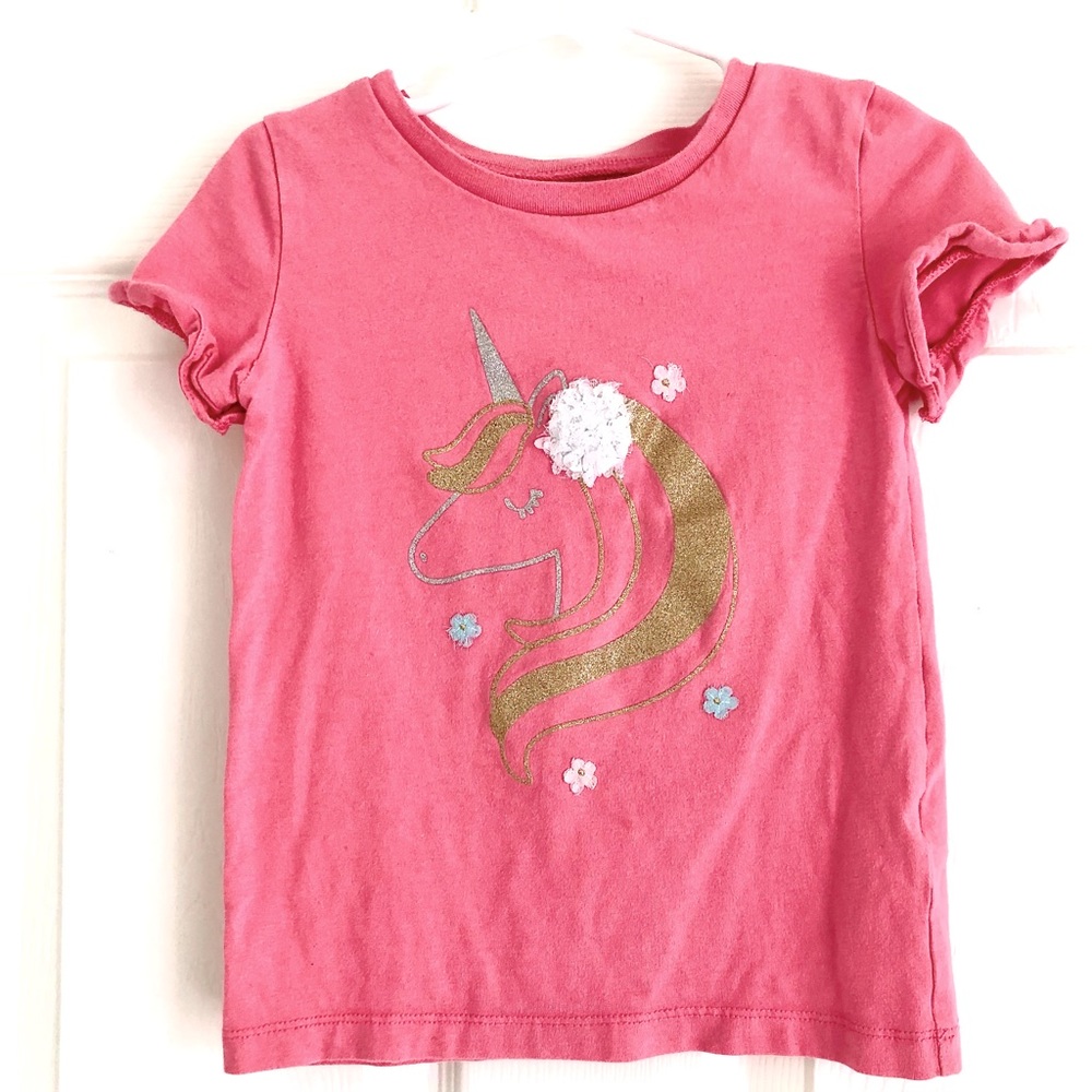 Pink Unicorn Short Sleeve Shirt with Large Flower in Mane